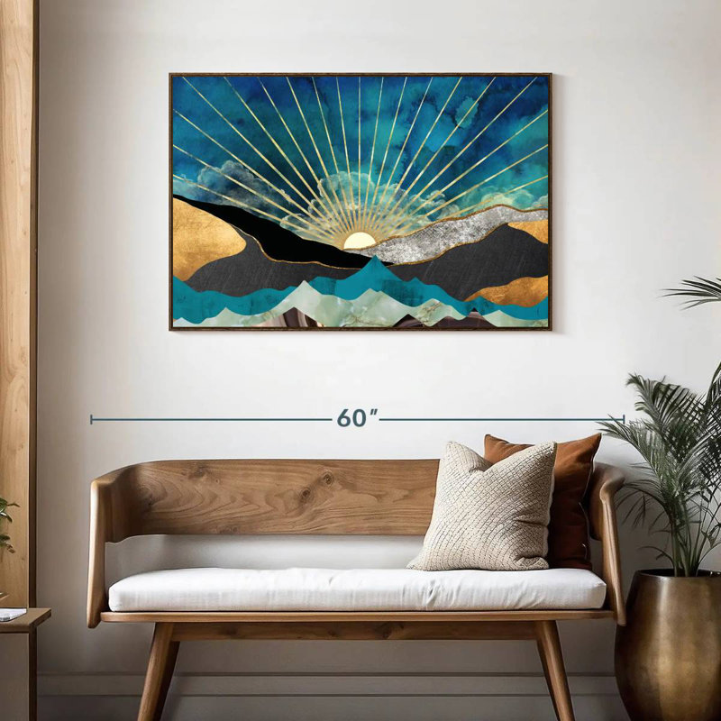 Lever de soleil abstrait, 43 po x 29 po, Cadre flottant en noyer