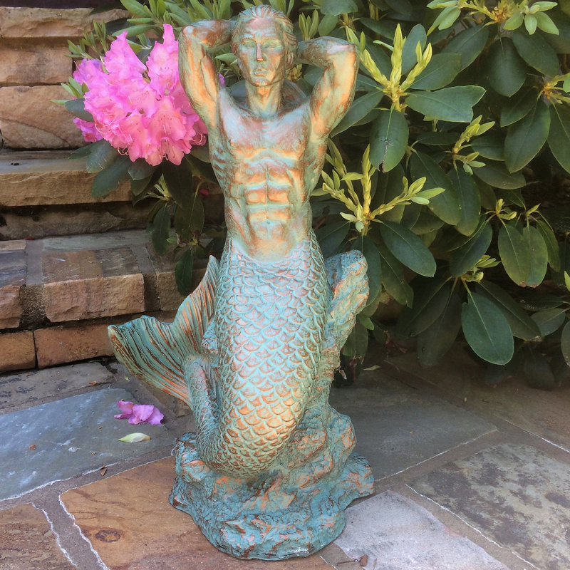 Statue de sirène de sirène sur la côte, H 21 po x l 11 po x P 9 po, Bronze patiné