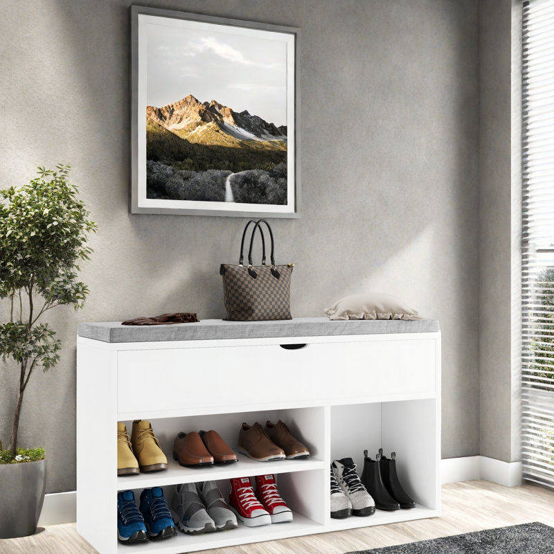 Shoe Bench With Cushion And Adjustable Shelf, White