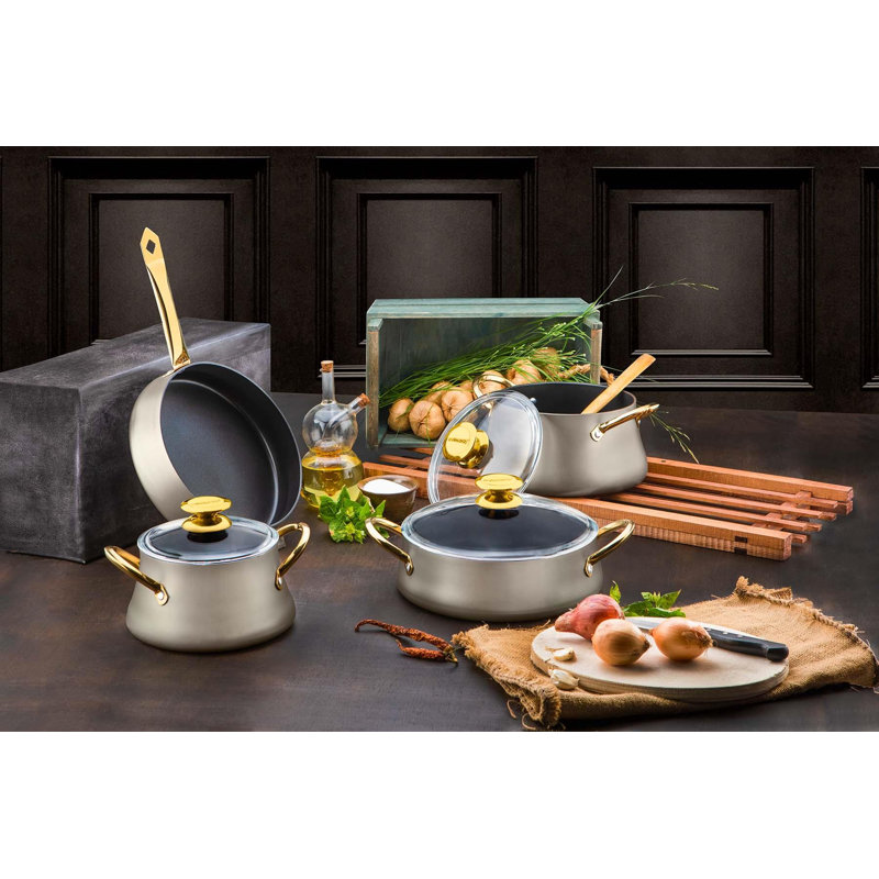 Aubrelle 7 - Piece Non-Stick Aluminum Cookware Set, Cream Gold