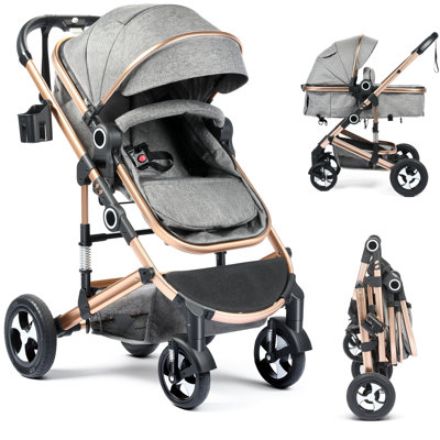 Convertible Baby Stroller, Folding High Landscape Infant Carriage, Adjustable Canopy, Diaper Bag, Anti-Shock