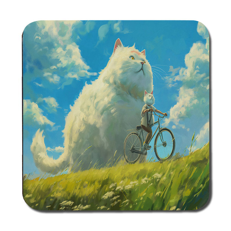 Cat On Bicycle Placemat And Coaster Set With Giant Cat Artwork