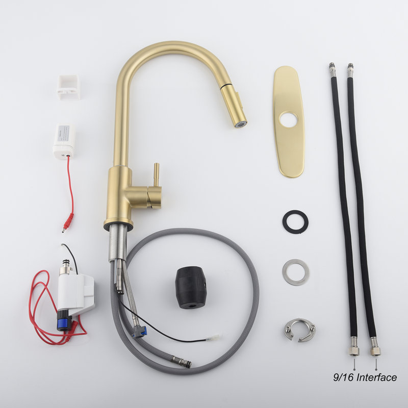 Robinet de cuisine rétractable à poignée simple avec douchette latérale, Doré