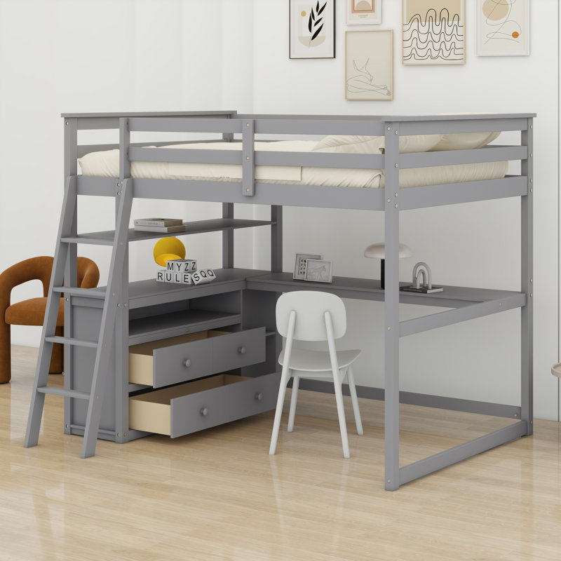Lit mezzanine avec bureau et tablettes, tiroirs, gris, Lit double