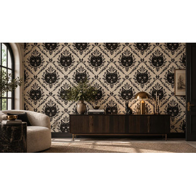 Cat Damask Wall Mural | Black and Cream Gothic Wallpaper | Non-Woven or Peel and Stick