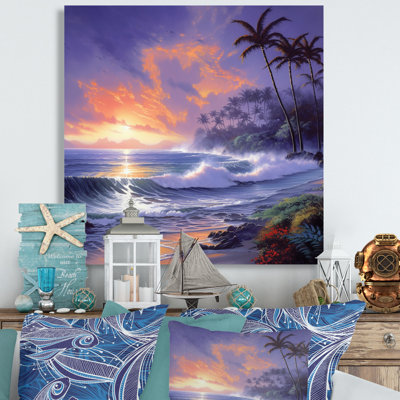 Coucher de soleil mauve et orange sur la plage I - Paysage moderne, art mural, salon sur la plage