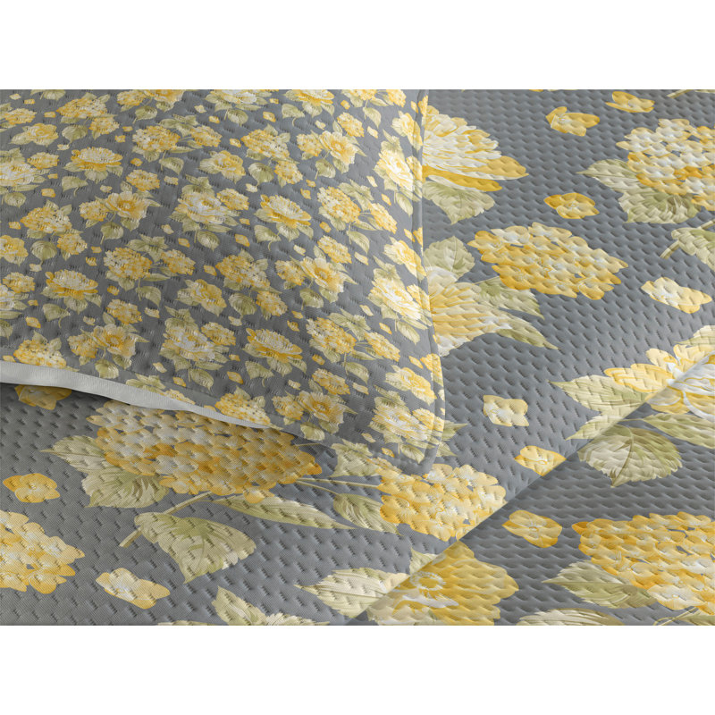Polyester Floral Coverlet, King Bedspread + 2 Shams, Yellow Floral 1