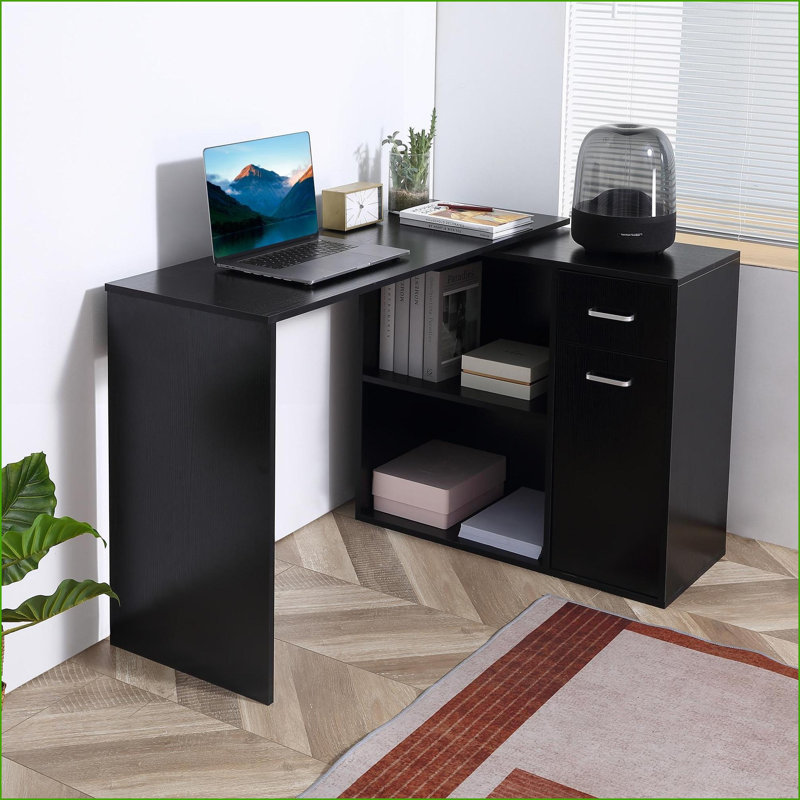 Bureau, bureau en L pivotant à 180 ° avec rangement | Noir | Panneau de particules P2