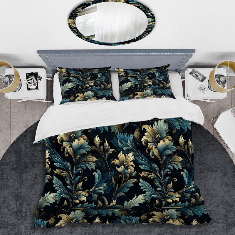 Ensemble de housse de couette damassé Serenade III doré et bleu, Housse de couette simple + 1 taie décorative stan
