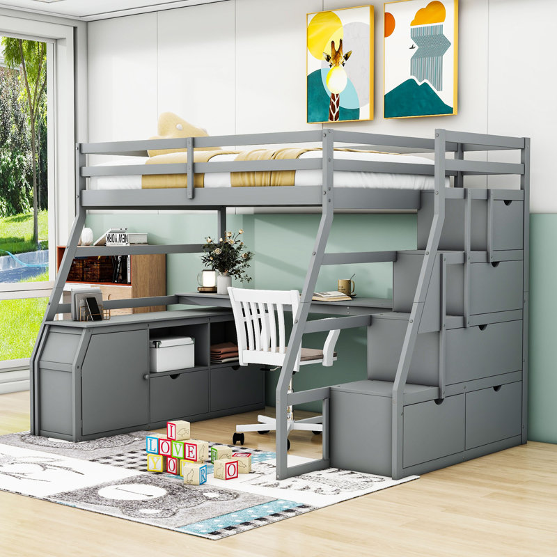 Lit mezzanine 7 tiroirs avec bureau intégré Ginnette par Harriet Bee, Simple, gris