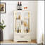 Armoire en verre blanc avec 2 portes, 1 tiroir, tablettes réglables et éclairage interne pour la présentation et le rangement-438379906