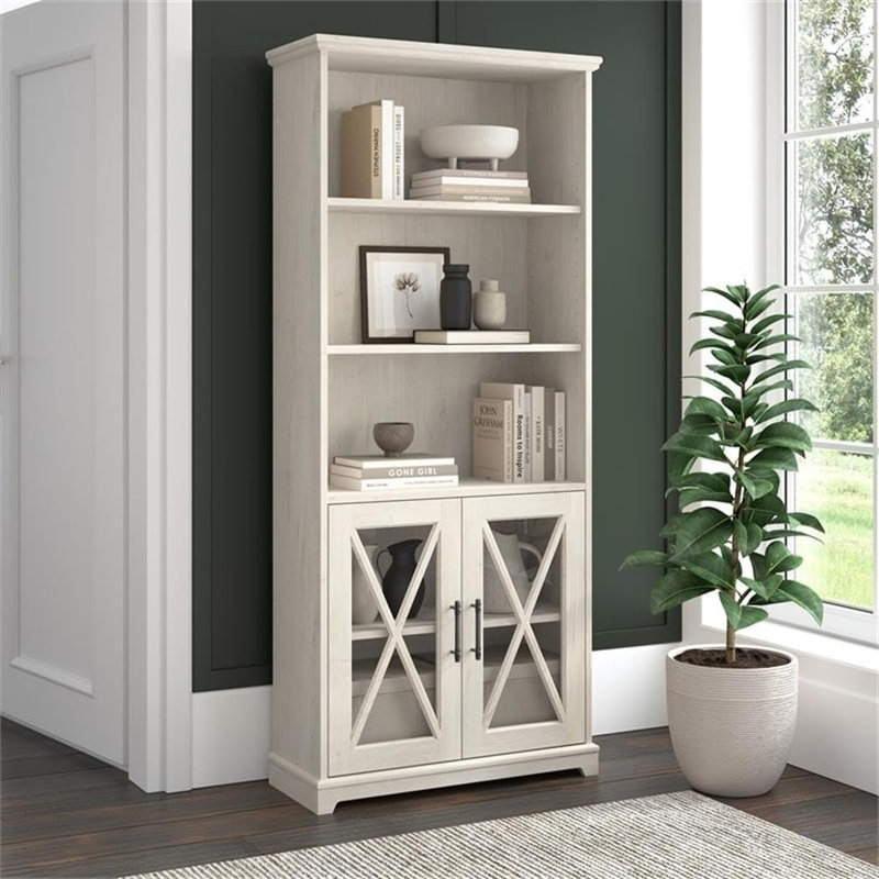 Lennox Tall 5-shelf Bookcase With Glass Doors – Linen White Oak