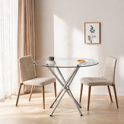 Table de salle à manger ronde en verre avec base piédestal en métal élégant, sièges 4-6, argent froid et transparent, diamètre de 36,6 pouces