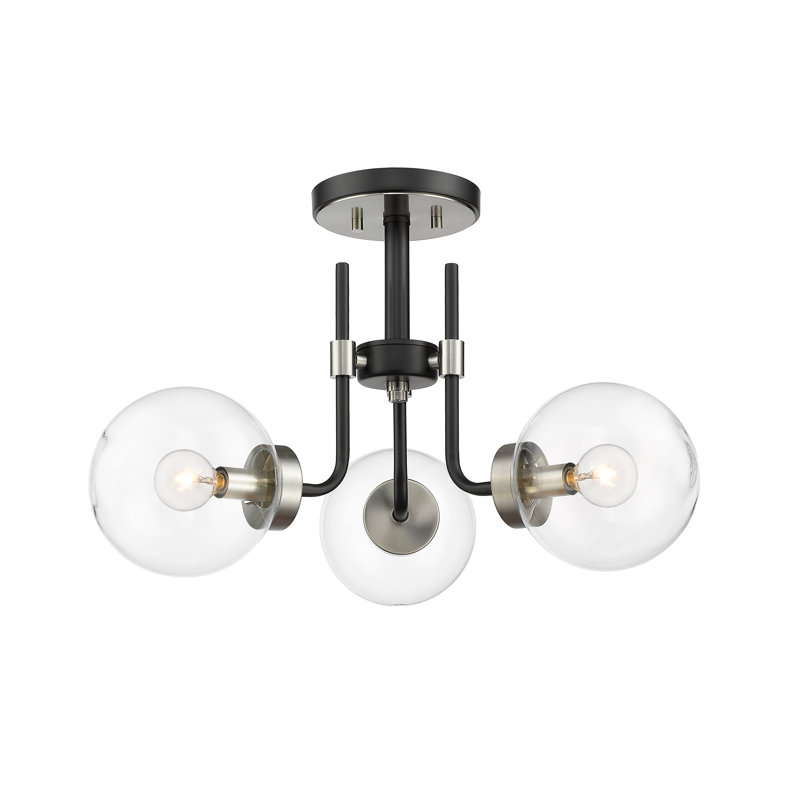 Plafonnier semi-encastré géométrique de style lustre à 3 lumières de 22 po Emond, Nickel brossé, Transparent