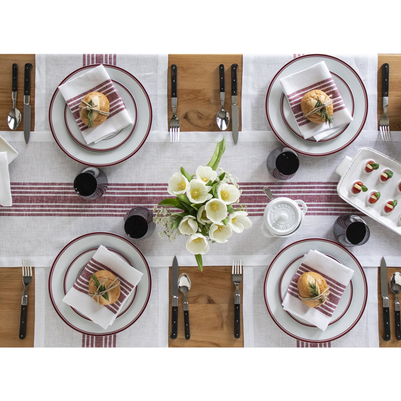 Farmhouse - 100% Pure Linen Dinner Napkins, Burgundy and White
