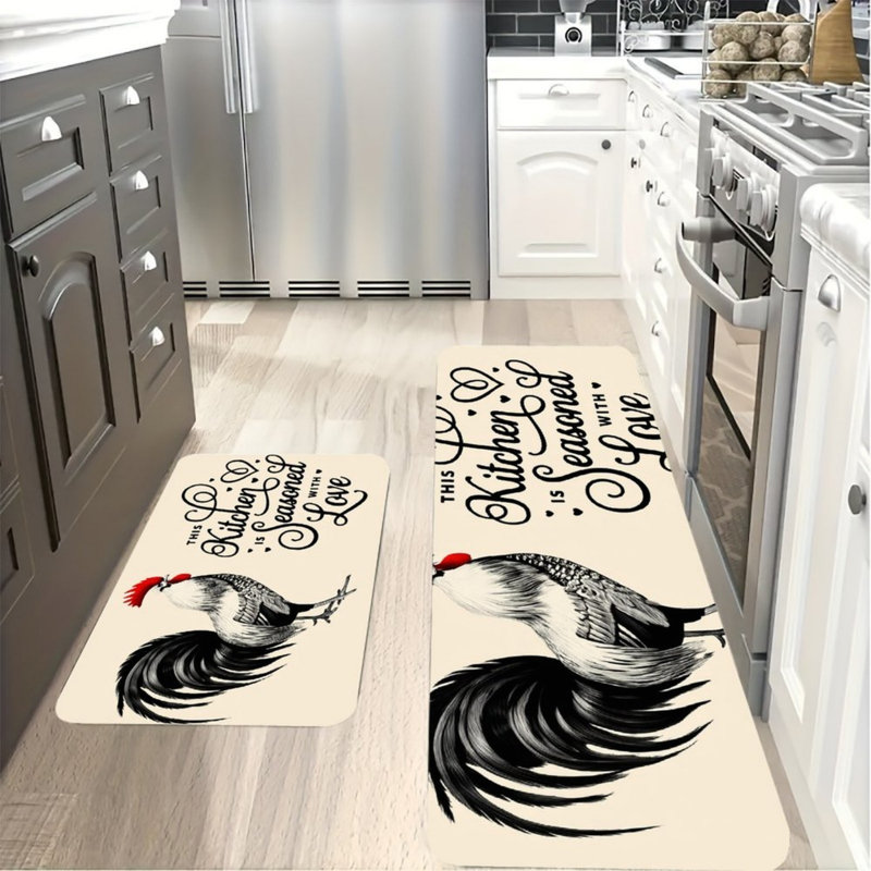 Tapis de cuisine Beige Rooster Quote, paquet de 2, pour cuisine et salle à manger
