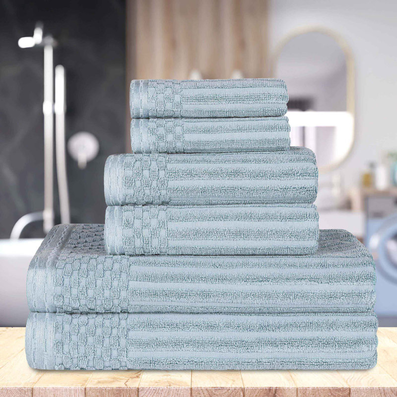Ruvins Cotton Highly Absorbent 6-Piece Solid and Checkered Border Towel Set, Slate Blue