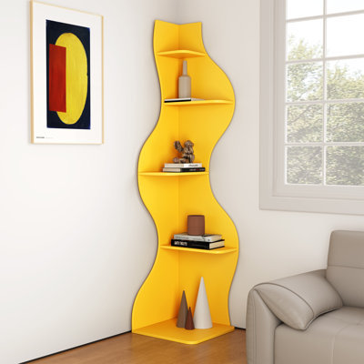 Bibliothèque d'angle, étagère murale moderne à 5 niveaux avec petit support de rangement ondulé pour petit espace