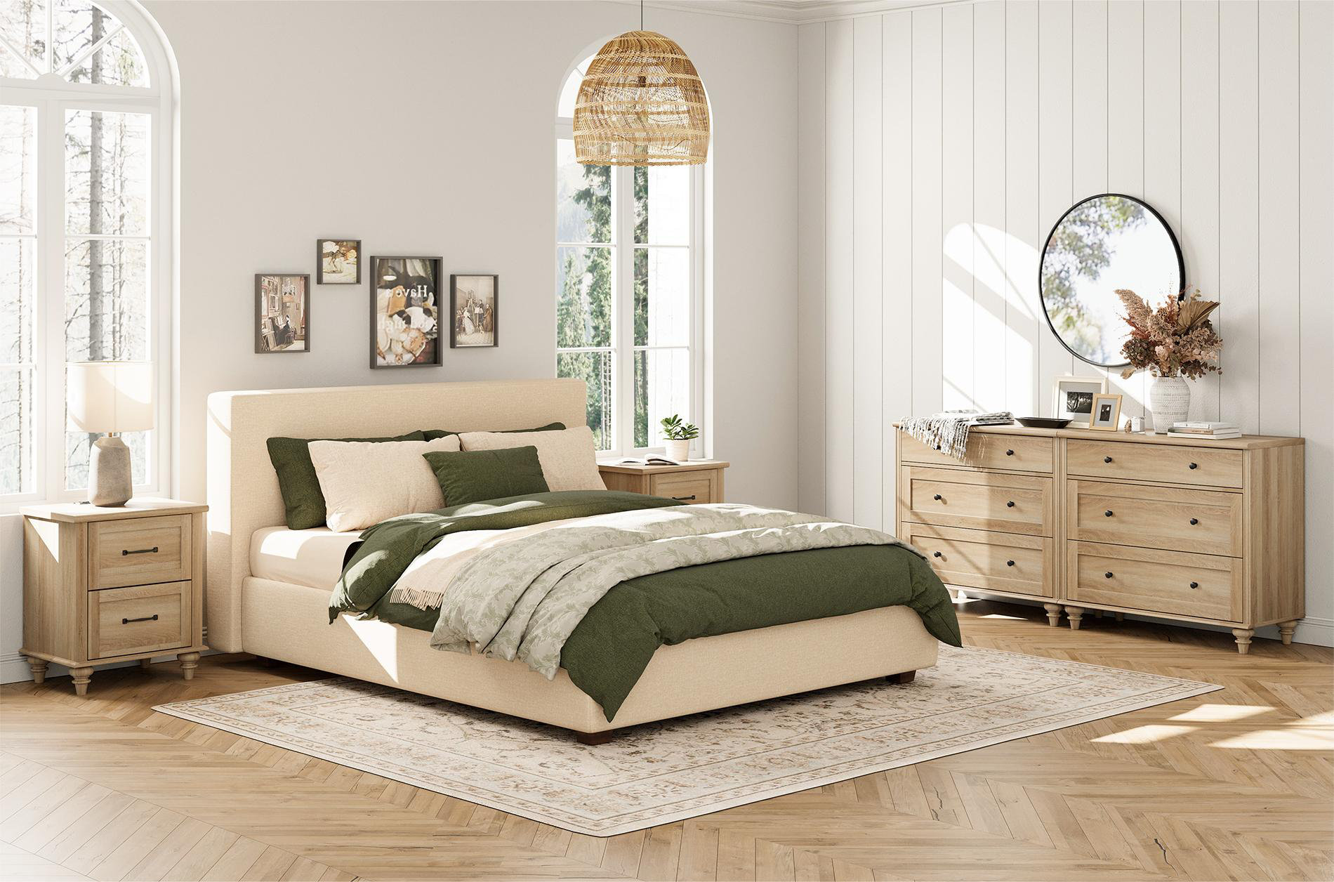 bedroom dresser and nightstand set Nathan James Andrew Rattan Light Oak updated feel Charlton Home Scarlett 4-Piece Bedroom