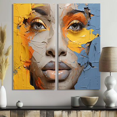 Yellow Blue Paint Collage Portrait - Global Canvas Prints 2-Panels