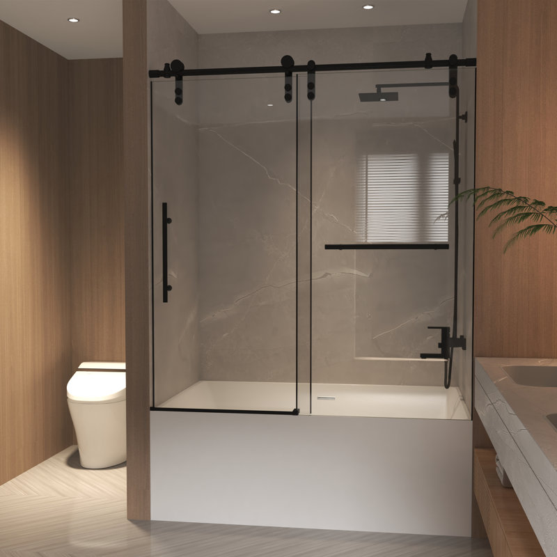 Porte de baignoire coulissante sans cadre, H 56-60 "x 66", verre trempé transparent 5/16 ", acier inoxydable, finition noir mat