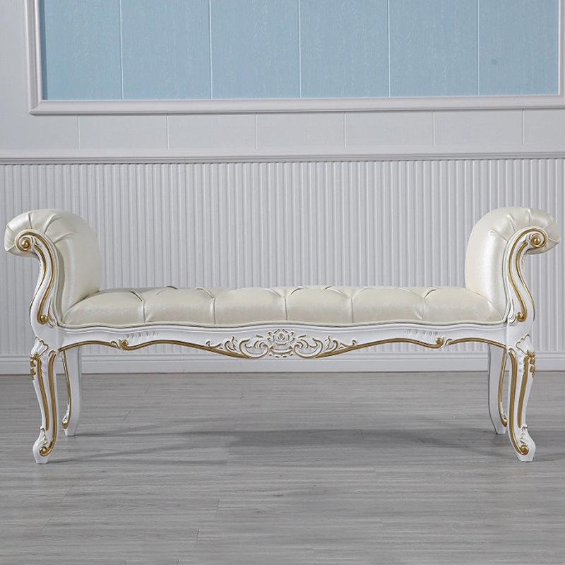 Banc en bois de bouleau sculpté et cuir de style européen pour chambre et salon, Beige, Blanc