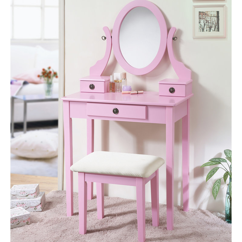 Stylish Pink Makeup Vanity Table - 3 Storage Drawers, Adjustable Mirror, Wooden, Spark Elegant With Drawers Wooden Stool, Color