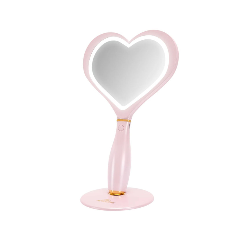 Impressions Vanity Amour LED Handheld Makeup Mirror For Desk, Lighted Travel Makeup Mirror With Detachable Magnetic Ball Standing Base, Ultra Bright Adjustable Lighting, And Heart Shaped Glossy Design