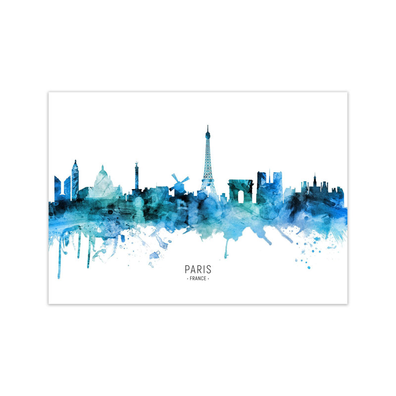 Paris France Skyline Blue City Name by Michael Tompsett - Print, 42cm H x 59cm W x 1cm D, Unframed