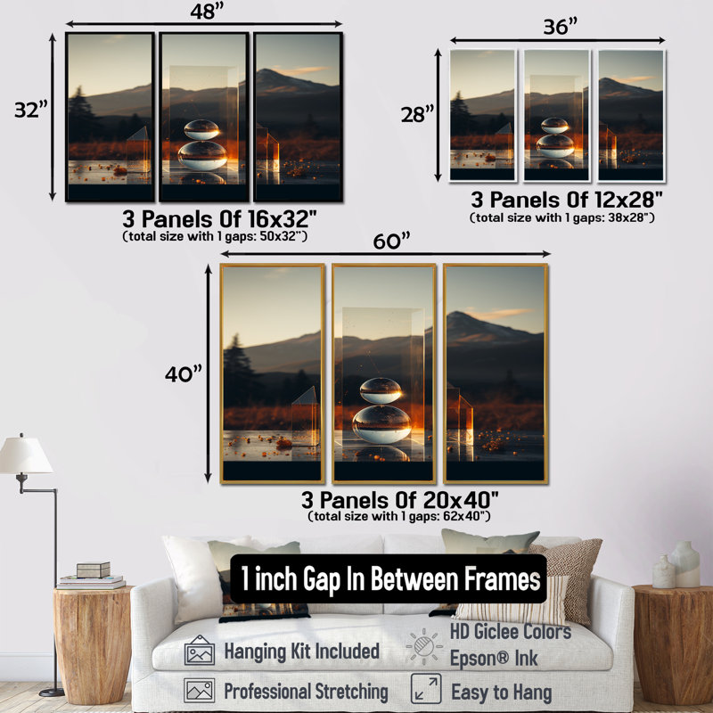 Dillion - Ensemble d'art mural paysage abstrait, Cadre flottant doré, H 28 po x l 36 po x P 1 po