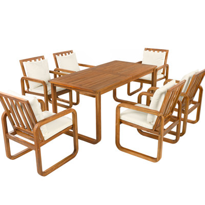 Ensemble de salle à manger de patio 7 pièces 7 pièces Ensemble de mobilier d'extérieur élégant avec coussins amovibles pour patio, cour, jardin, bois naturel et coussin beige