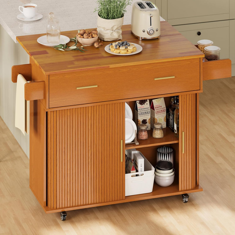 Rolling Kitchen Island with Drop Leaf Countertop, Sliding Door Storage & Lockable Wheels, Yellow oak