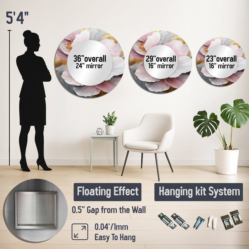 Blanc et rose pivoines élégantes en marbre I - Art mural miroir floral - imprimé sur métal, 29 po x 29 po