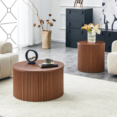 Ensemble de 2 tables basses gigognes avec rangement, colonne romaine ronde, tables de salon en grain de bois noyer