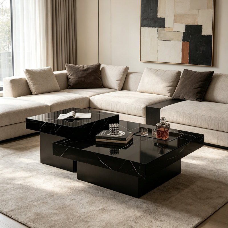 Table basse élégante avec plateau en ardoise et design minimaliste luxueux, 15.74" H x 31.49" L x 31.49" W, Black