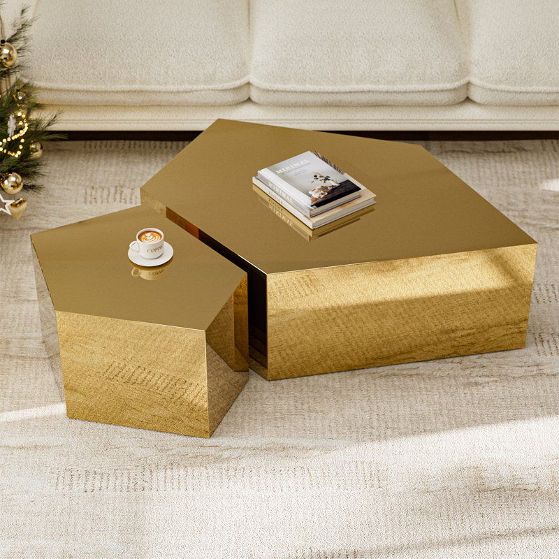  Modern Gold Stainless Coffee Table, Set Of 2 Geometric Design Coffee Table For Living Room Bedroom, Gold