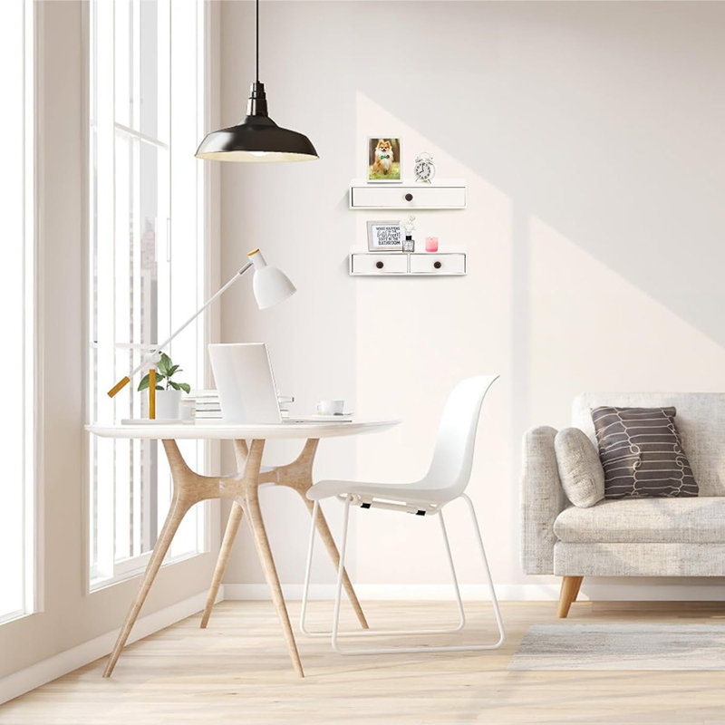 Ensemble de 2 tables de chevet flottantes avec tiroir - tiroir flottant mural en bois rustique avec tiroir pour salon, chambre à coucher, cuisine, décoration murale, rangement, présentoir - blanc