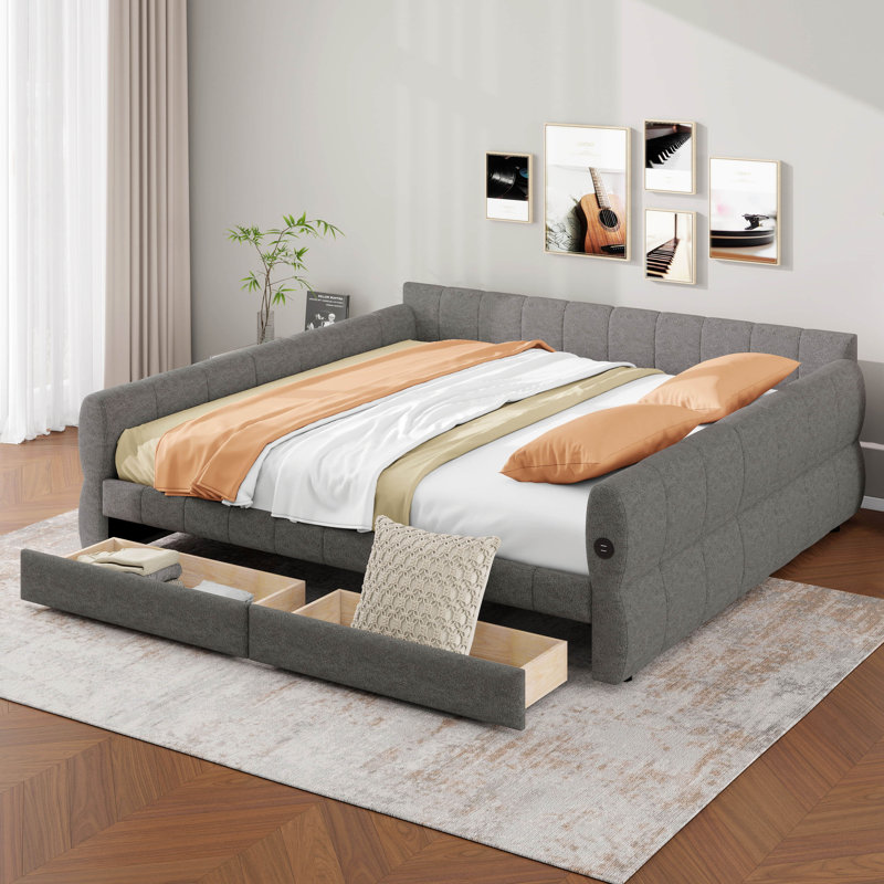 King Size Upholstered Daybed With USB And 2 Drawers, Soft Lambswool Platform Bed, No Box Spring Required, Gray