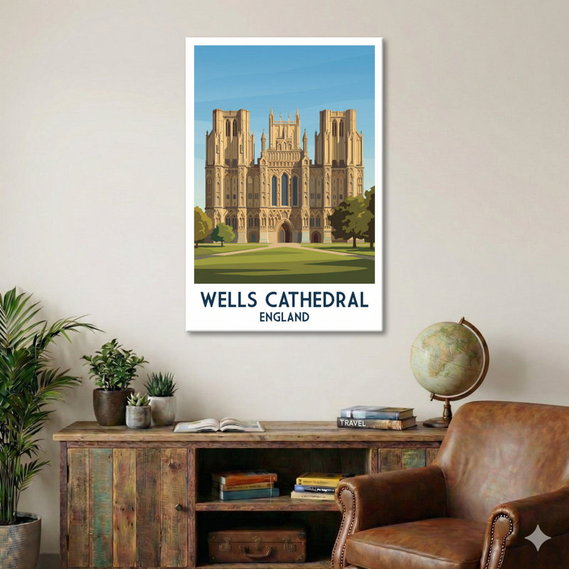 Wells Cathedral, England - Romantic Gothic Travel Poster of Somerset's Medieval Jewel. Giclee Print on Wrapped Canvas. Wall Art, Home Decor - Religious & Cultural Sites, England 1 Piece Wrapped Canvas Wall Art