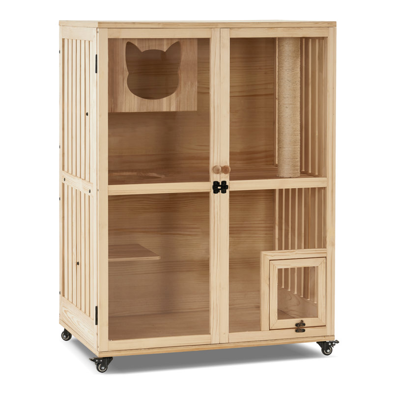 48" Natural Fir Wood Cat Condo with Scratching Post and Wheels