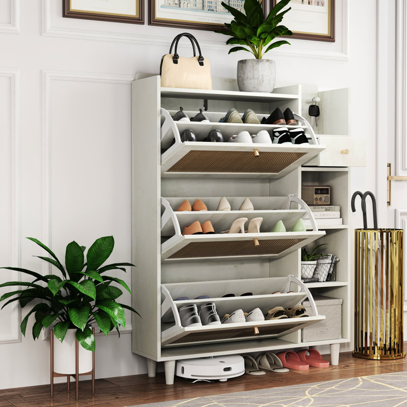 Range-chaussures autoportant avec 3 tiroirs, espace de rangement, tablettes carrées blanches naturelles, 1 tiroir rabattable, trous de ventilation, basculement, crochets à clés, espace pour les sacs,