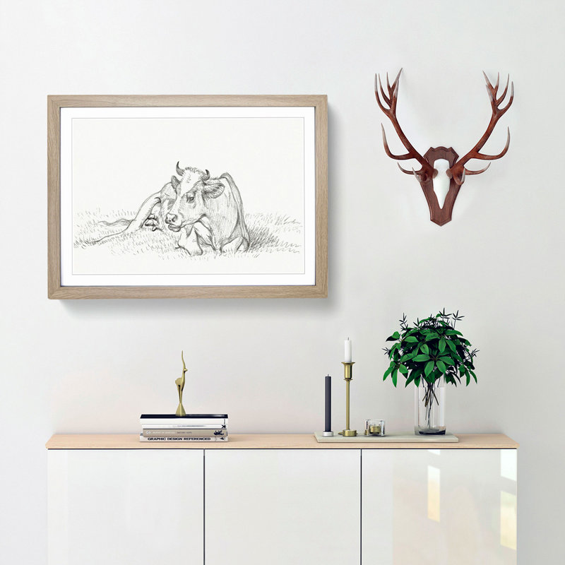 Sketch of a Resting Cow by Jean Bernard - Picture Frame Drawing Print, 27cm H x 36cm W x 2cm D, Oak Framed