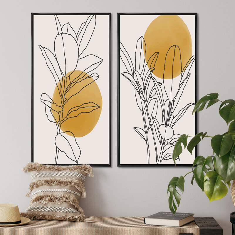 Branche botanique jaune avec feuilles I - ensemble de 2 peintures, H 32 po x l 32 po, Impression encadrée, Noir