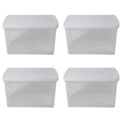 Wham Clip 4x 14L Rectangular Plastic Storage Boxes with Secure Clip Lock Lids Clear/Clear/Clear