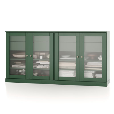 Buffet 100% bois massif 64 po avec portes en verre givré, 4 tiroirs et tablettes réglables