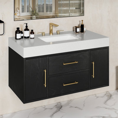  Meuble-lavabo mural 40 po avec comptoir en pierre de quartz et lavabo en céramique