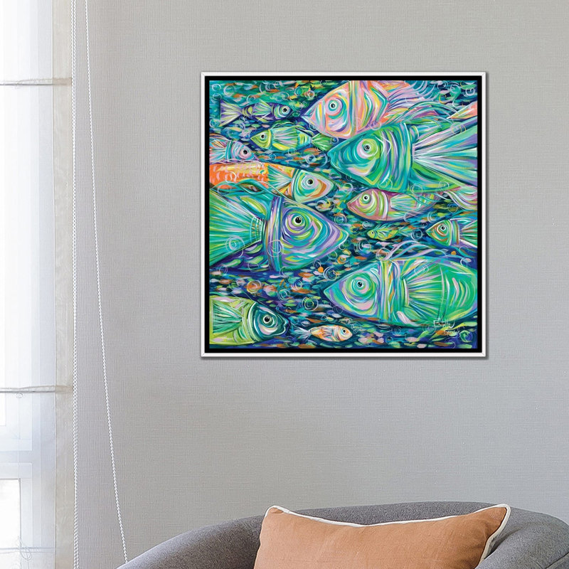 " School Of Fish " by Estelle Grengs, No Mat, 26'' H x 26'' W x 1.5'' D, White Framed Canvas