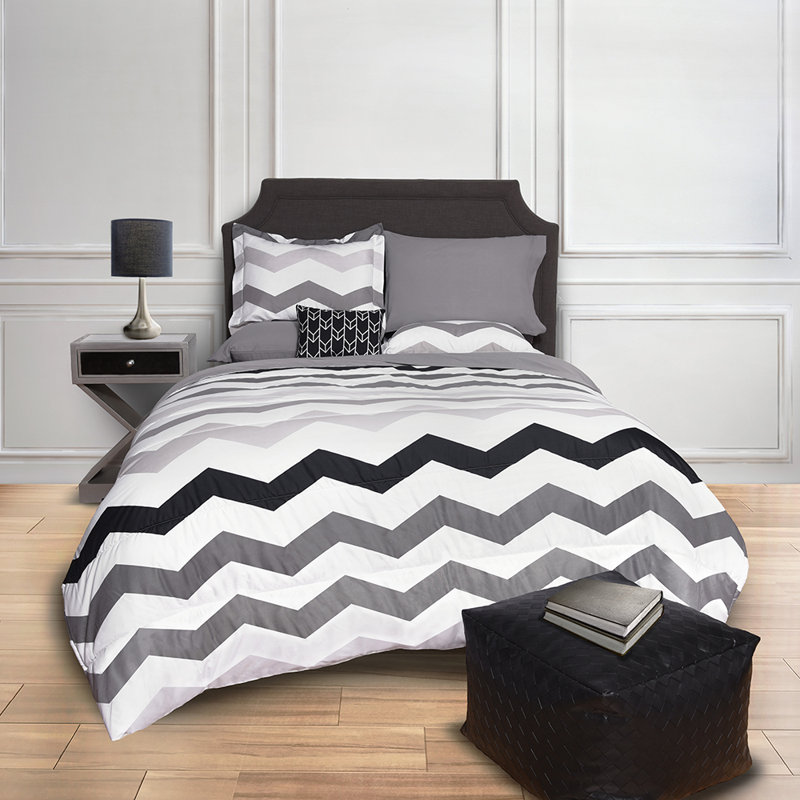 Édredon et lit dans un sac à motif de chevrons 6 pièces, Simple TG, Gris / noir