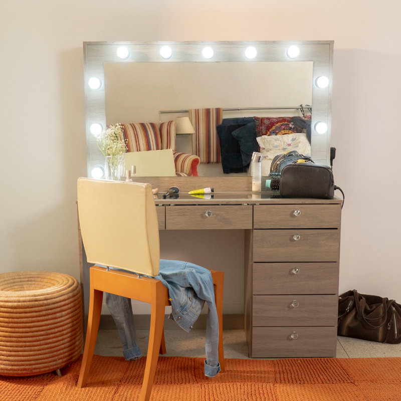 Boahaus Luna Vanity Desk with Framed Bulb Mirror – 7 Drawer Makeup Vanity Designed as an Integrated Dressing Station with Power Outlet
