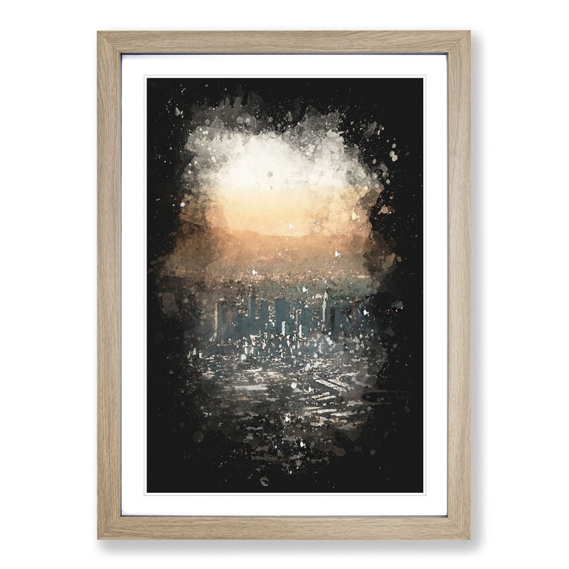 High Over The Los Angeles Skyline Paint Splash - Picture Frame Graphic Art, 45cm H x 33cm W x 2cm D, Oak Framed